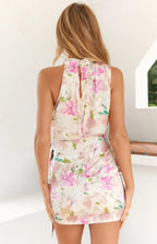 Halter Neck Floral Print Twist Front Wrap Mini Dress