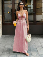 Stripes Color-blocked Splicing V-neck Hollow Maxi Dresses