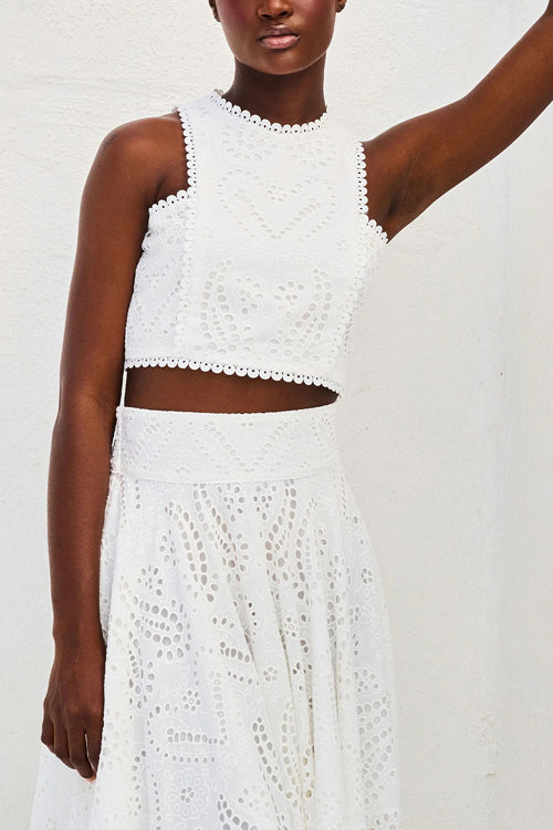 Eyelet Lace Heart Print Scalloped Trim Crop Top Wide Leg Pants Two Piece Set