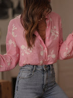 Floral Embroidery Color-blocked V-neck Lantern Sleeve Shirt