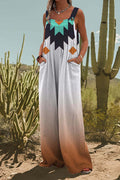 Buttons Wide Leg Pocketed Geometric Print Overalls