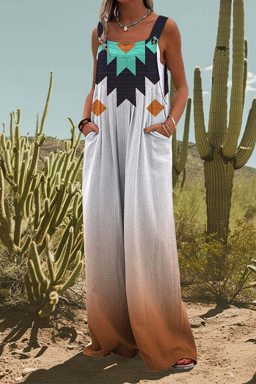 Buttons Wide Leg Pocketed Geometric Print Overalls