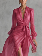 V-neck, Slit, Belted Waist Long Dress