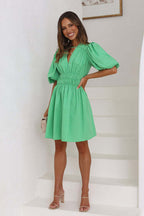 Deep V-Neck Bar Strap Puff Sleeve Smocked Waist Flared Mini Dress