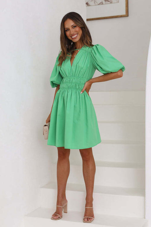 Deep V-Neck Bar Strap Puff Sleeve Smocked Waist Flared Mini Dress