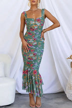 Square Neck Keyhole Cutout Ruched Floral Mermaid Flounce Hem Midi Dress