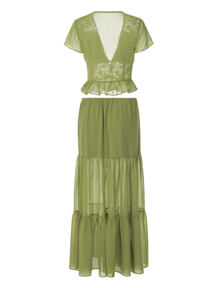 Silk Chiffon Cardigan T-shirt Loose See-through Long Dress With Tie