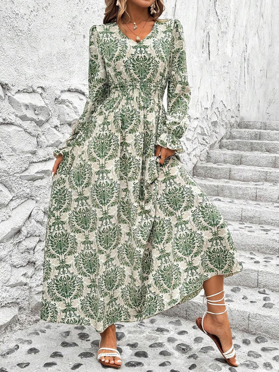 Floral Long Sleeve Square Collar Vacation And Leisure Maxi Dresses