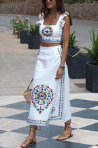 Unique Print Ruffle Cami Crop Top Side Slit Midi Skirt Set