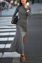 Mockneck Long Sleeves High Slit Bodycon Maxi Dress