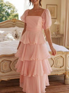 Square Collar Puff Sleeve Cake Skirt Vacation Parties Maxi Dresses