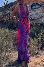 V Neck Criss Cross Backless Tie Dye Maxi A-line Dress