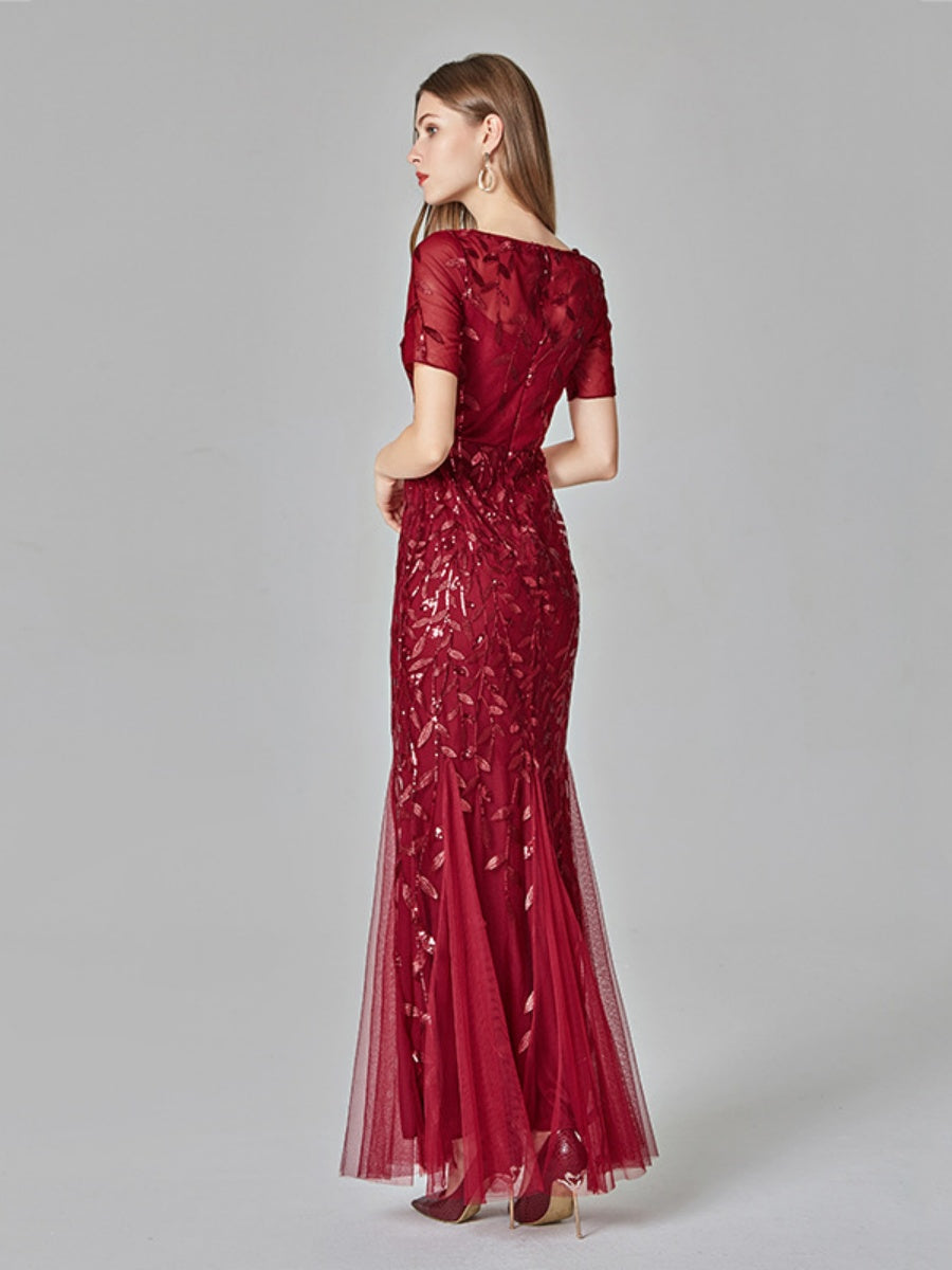 Embroidery Sequins Fishtail Spliced Mesh Formal Dress Maxi Dresses