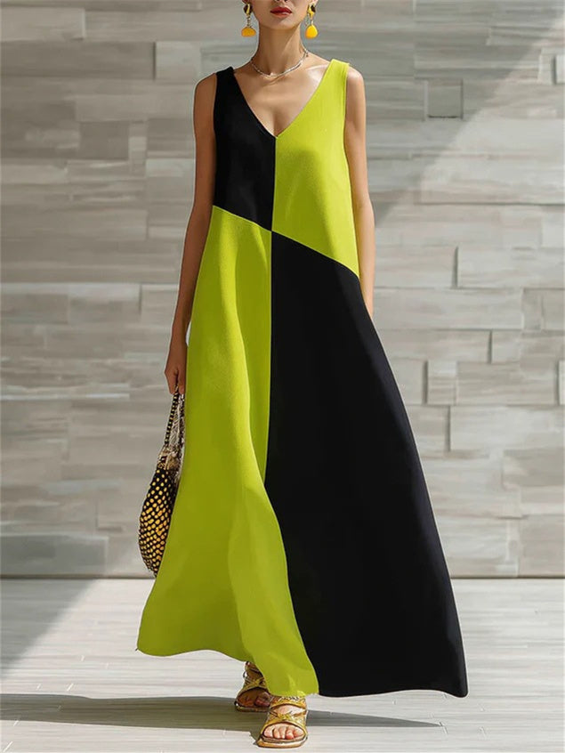 Simple Solid Color Color-blocked Off-shoulder Dress