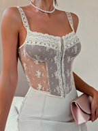 Lace Trim Splicing Perspective Button-down Bra