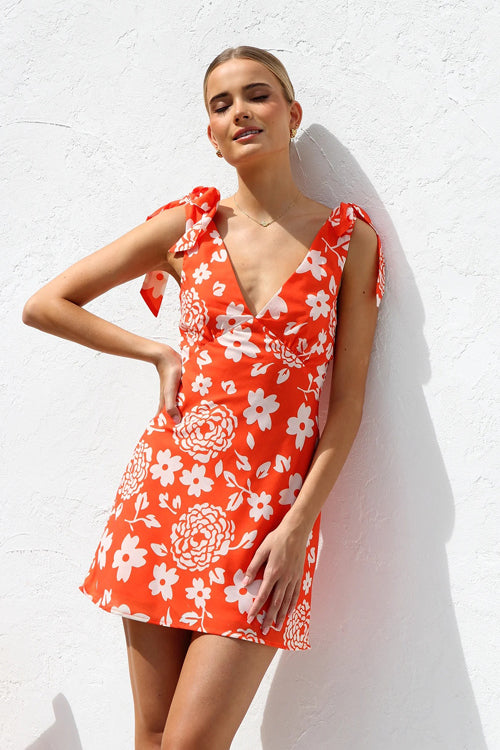 Tie Shoulder Deep V-Neck Patchwork Floral Print Mini Dress