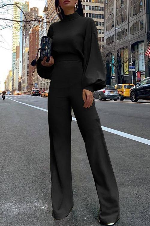 Solid Mockneck Lantern Sleeve Waisted Straight Leg Jumpsuit