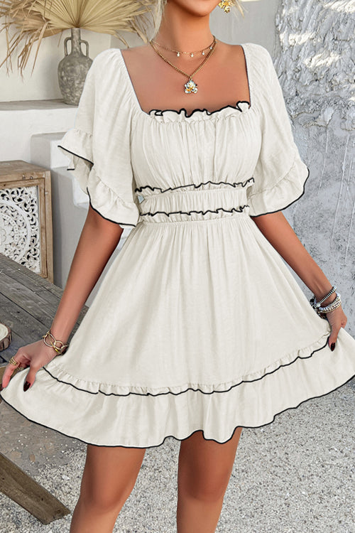 Contrast Trim Off Shoulder Ruffle Neck Smocked Waist Tiered Mini Dress