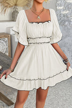 Contrast Trim Off Shoulder Ruffle Neck Smocked Waist Tiered Mini Dress