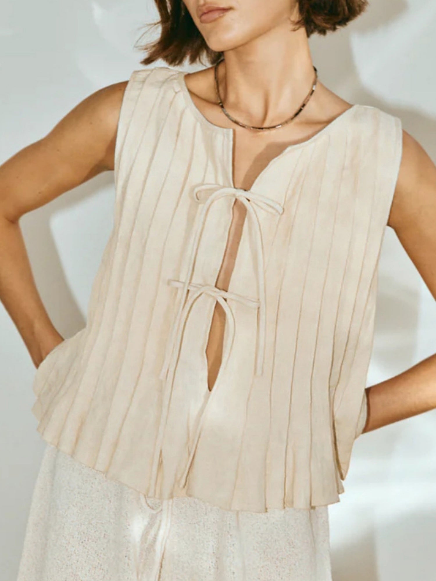 Cotton And Linen Straps Pleated Tank Tops