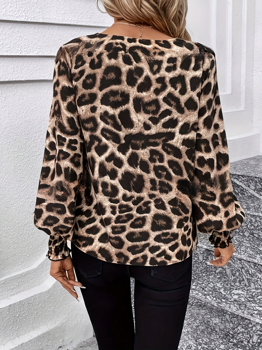 V-neck Leopard Print Loose Long-sleeved Casual T-shirt