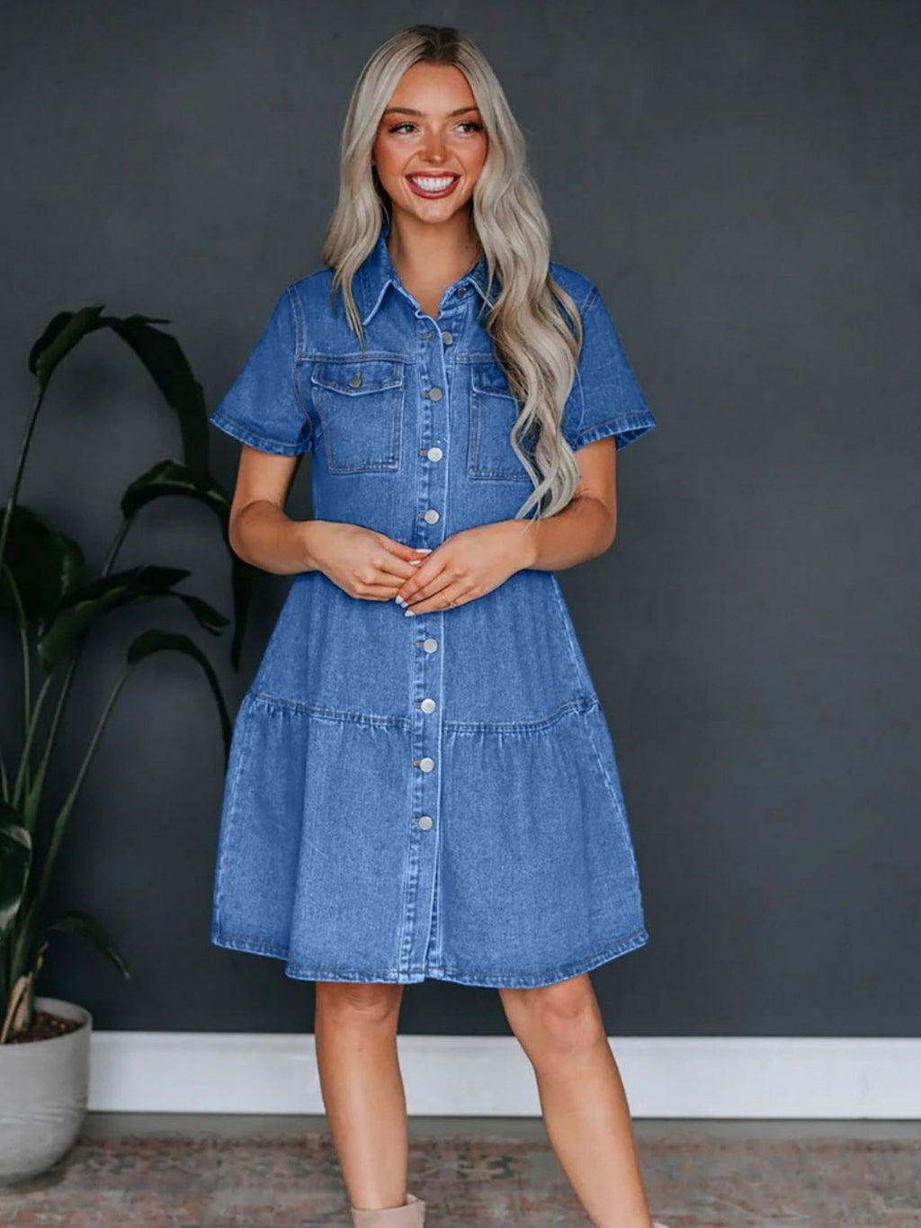 Denim Buttons Short-sleeved Collar Mini&Short Dresses
