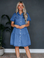 Denim Buttons Short-sleeved Collar Mini&Short Dresses