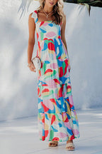 Bow Shoulder Ruffle Tiered Printed Flowy Maxi Cami Dress