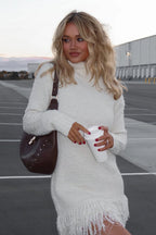 Turtleneck Fuzzy Knit Fringe Hem Long Sleeve Mini Dress