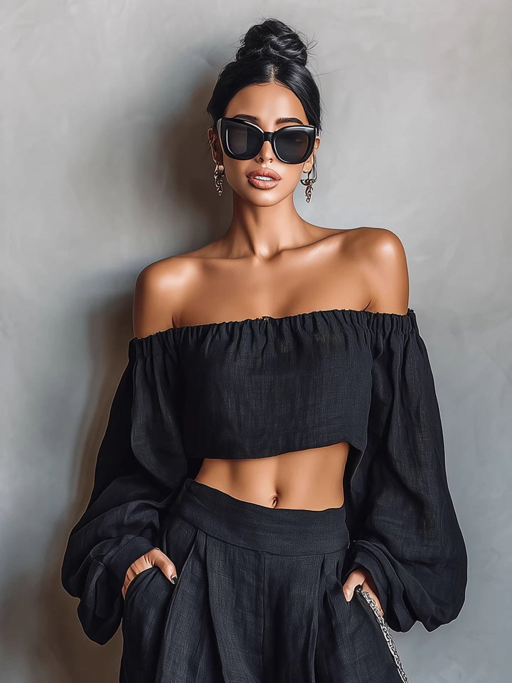 Solid Color Off-shoulder Long-sleeved Top And Wide-leg Pants Two-piece Set