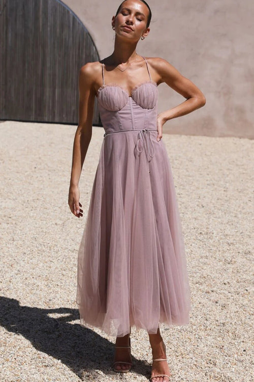 Tulle Corset Sweetheart Spaghetti Strap Tie Waist Midi Dress