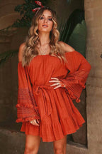 Off-the-Shoulder Bell Sleeve Eyelet Lace Fringe Trim Tie Waist Wrap Mini Dress