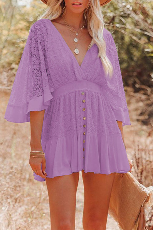 Lace Deep V-Neck Bell Sleeve Smocked Waist Button Front Ruffle Hem Mini Dress