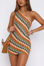 One Shoulder Sleeveless Color Block Crochet Mini Dress