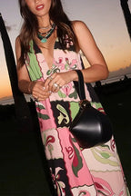 Halter V Neck Backless Printed Maxi Dress