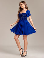 Puff Sleeve Sequins Square Collar Chiffon Formal Dress Mini&Short Dresses
