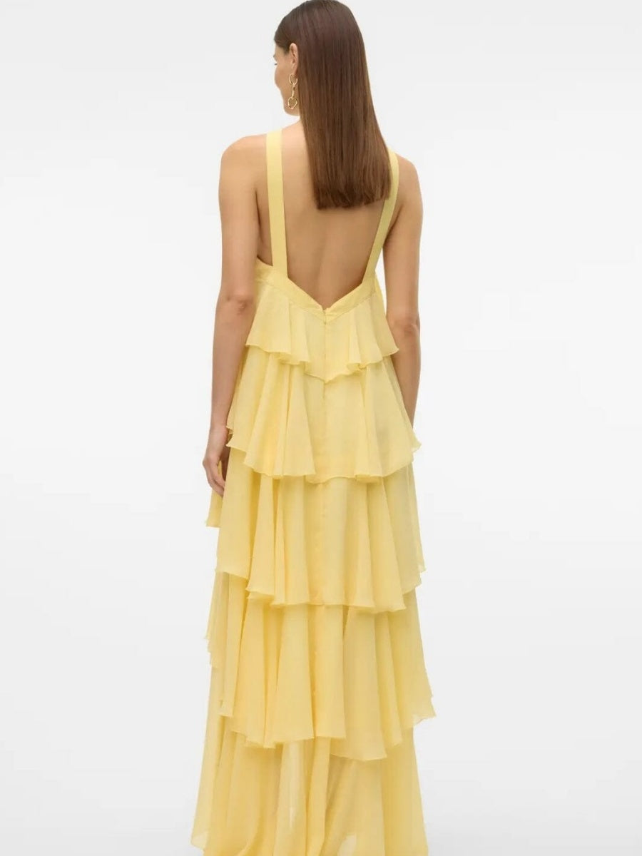 Halter Backless Cake Skirt Pink Yellow Maxi Dress