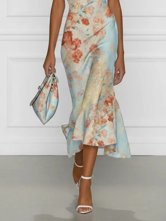Floral Print Off-shoulder Short-sleeved Long Dress