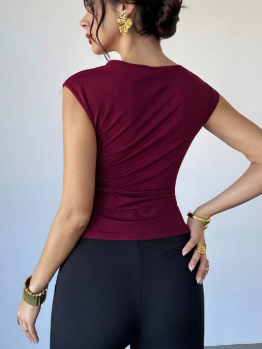 Asymmetrical Off-shoulder Slim-fit Sleeveless T-shirt With Metallic Embellishments