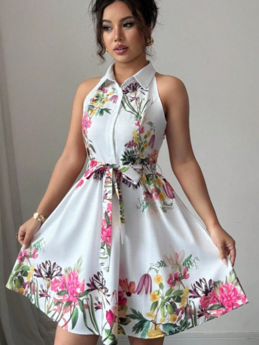 Sleeveless Halter Neck Floral Print Tie-up Short Dress