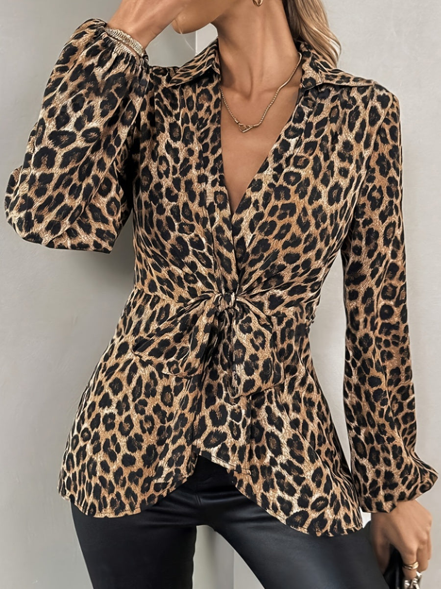 Leopard Print Tie-neck Long-sleeved T-shirt