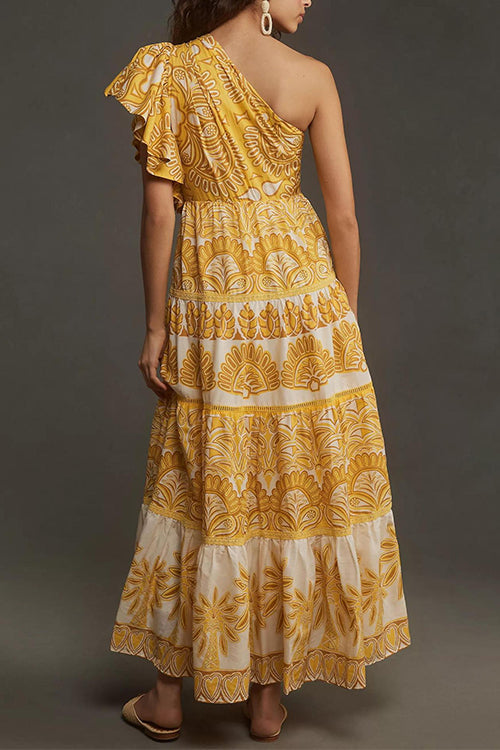 One Shoulder Flutter Sleeve Tiered Printed Maxi Dress