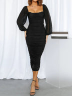 Mesh Bishop Sleeve Square Neck Ruched Bodycon Midi Dress
