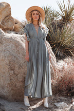 Plunging V-Neck Flutter Sleeve Tie Front Button Pocket Maxi Dress