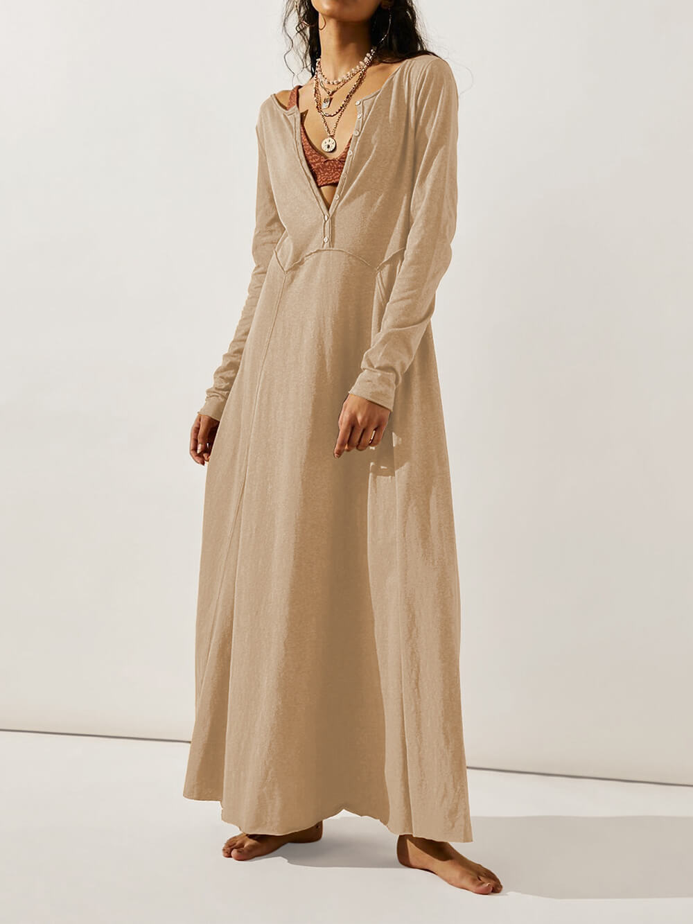 V-Neck Button Front Long Sleeve Side Slit Maxi Dress