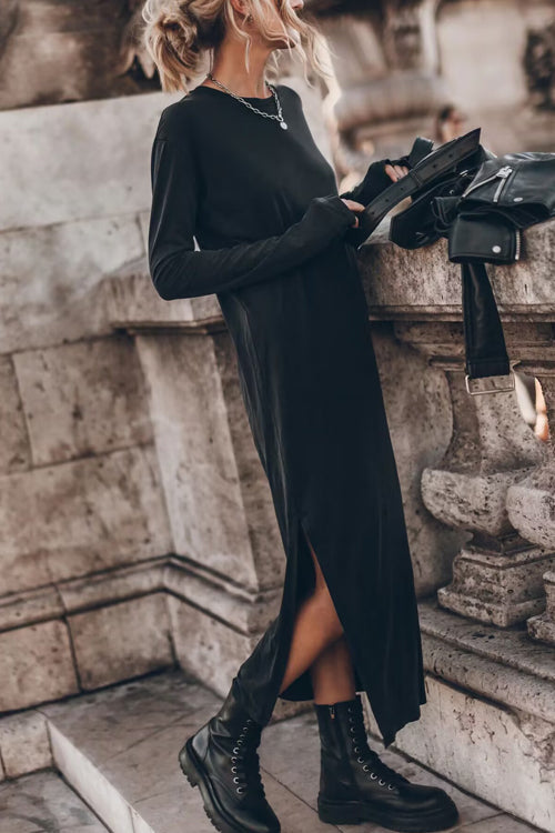 Knit Crew Neck Long Sleeve Relaxed Side Split Midi Dress