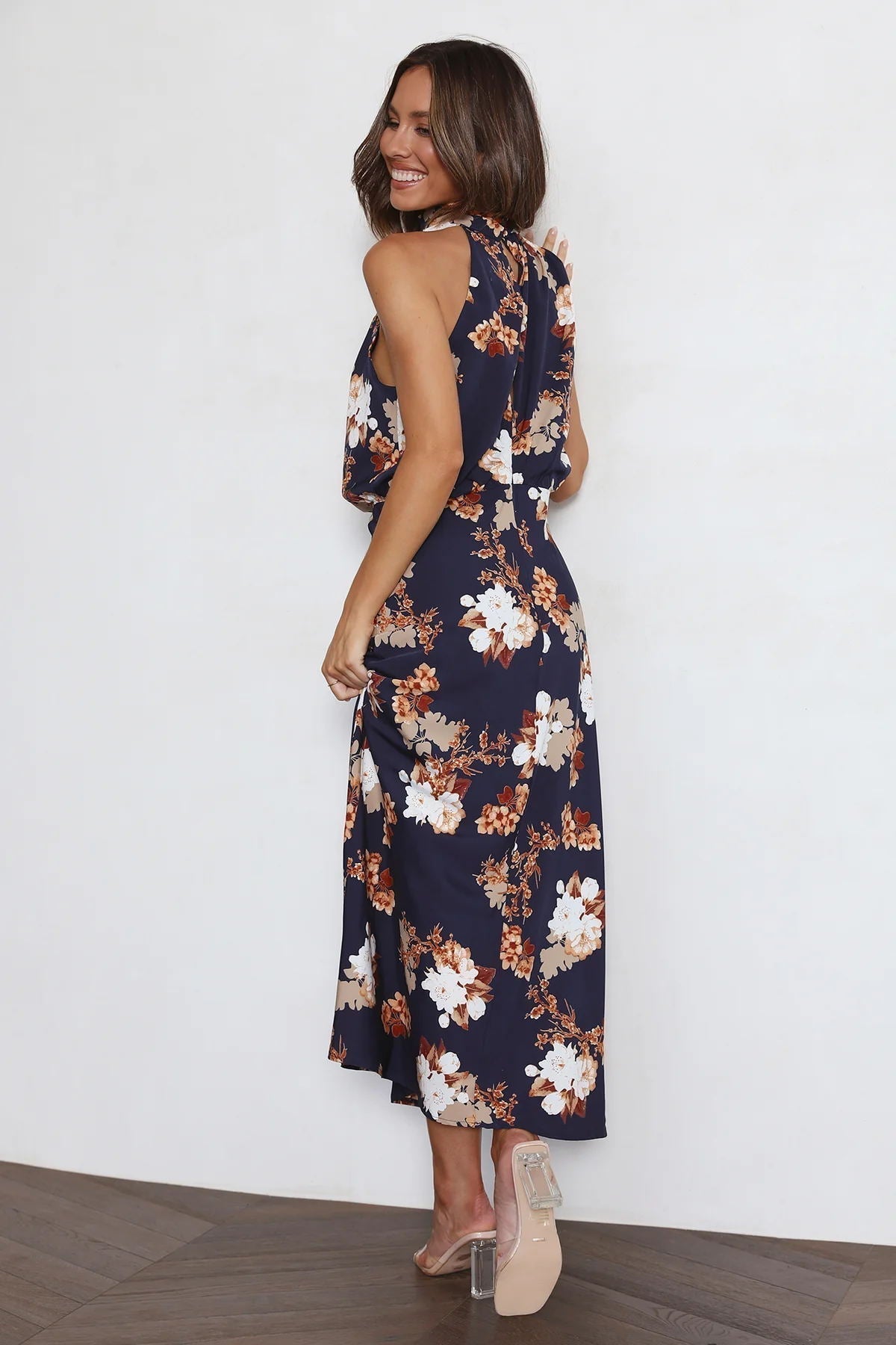 Satin Floral Print Halter Neck Cowl Neck Two Piece Set