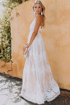 Halter Deep V-Neck Lace Floral Embroidered Empire Waist Backless Maxi Dress