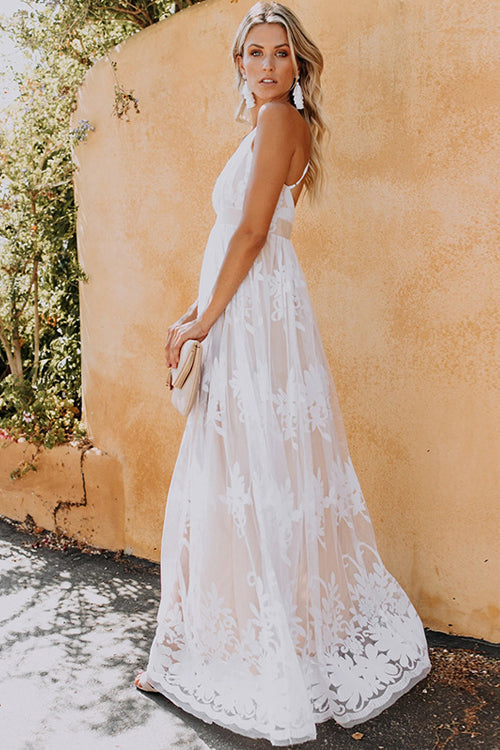 Halter Deep V-Neck Lace Floral Embroidered Empire Waist Backless Maxi Dress
