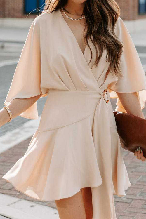 Surplice Wrap Buckle Waist Flutter Sleeve Ruffled Hem Mini Dress